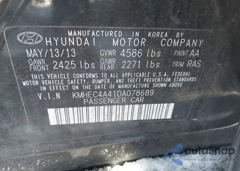 2013 Hyundai Sonata Hybrid z USA, uszkodzony, nr VIN KMHEC4A41DA078689